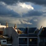 Buildings in sunset