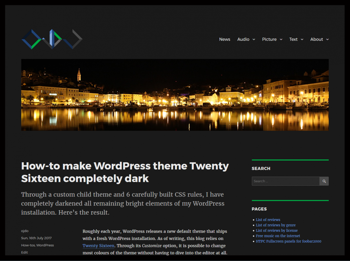 How-to make WordPress theme Twenty Sixteen completely dark