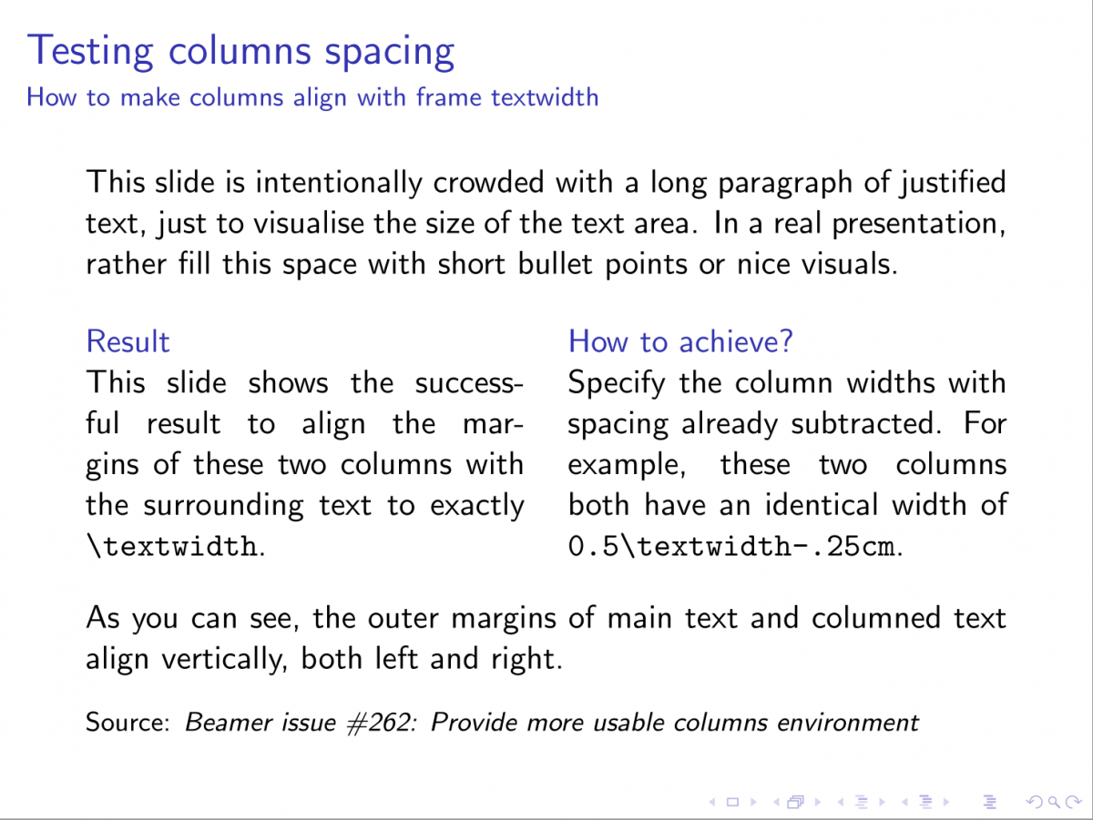 How to align and justify text in beamer columns with surrounding text